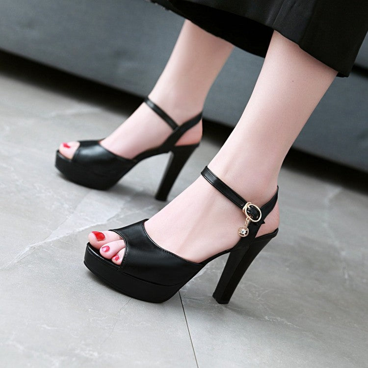 Ladies Solid Color Peep Toe Ankle Strap High Heel Platform Sandals