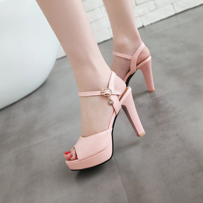 Ladies Solid Color Peep Toe Ankle Strap High Heel Platform Sandals