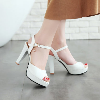 Ladies Solid Color Peep Toe Ankle Strap High Heel Platform Sandals