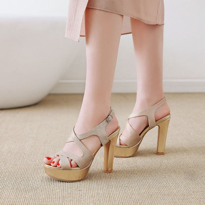 Ladies Bling Bling Hollow Out Chunky Heel High Heels Platform Sandals