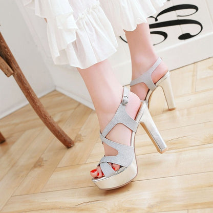 Ladies Bling Bling Hollow Out Chunky Heel High Heels Platform Sandals