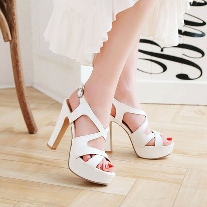 Ladies Bling Bling Hollow Out Chunky Heel High Heels Platform Sandals