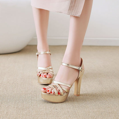 Ladies Solid Color Hollow Out Roman Style Chunky Heel High Heels Platform Sandals