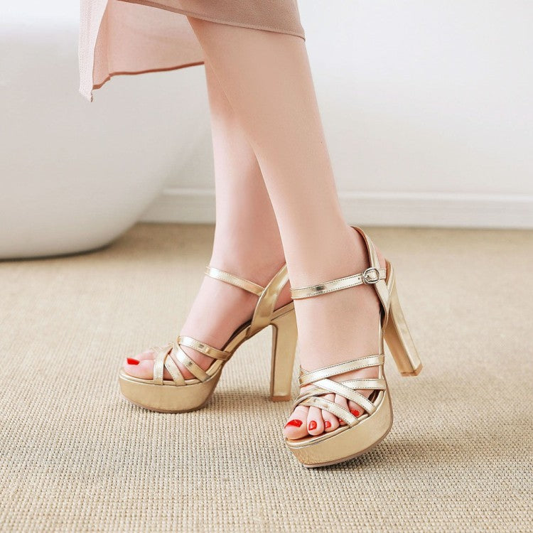 Ladies Solid Color Hollow Out Roman Style Chunky Heel High Heels Platform Sandals