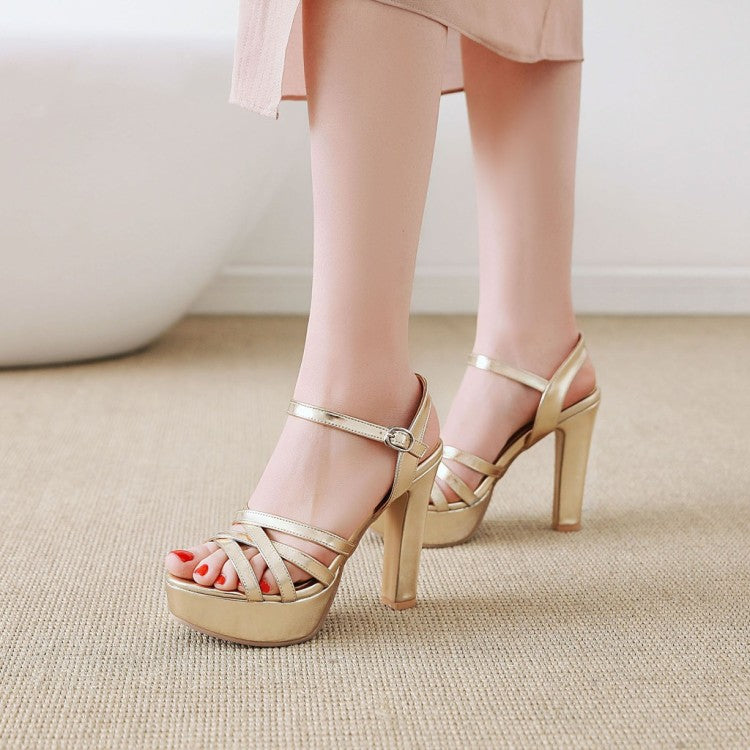 Ladies Solid Color Hollow Out Roman Style Chunky Heel High Heels Platform Sandals