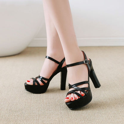 Ladies Solid Color Hollow Out Roman Style Chunky Heel High Heels Platform Sandals