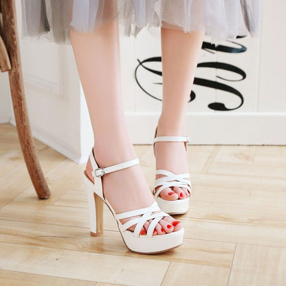 Ladies Solid Color Hollow Out Roman Style Chunky Heel High Heels Platform Sandals