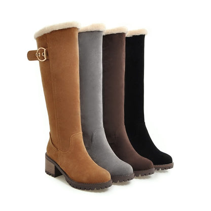 Ladies Suede Stitching Buckles Belts Fur Block Heel Platform Knee High Boots