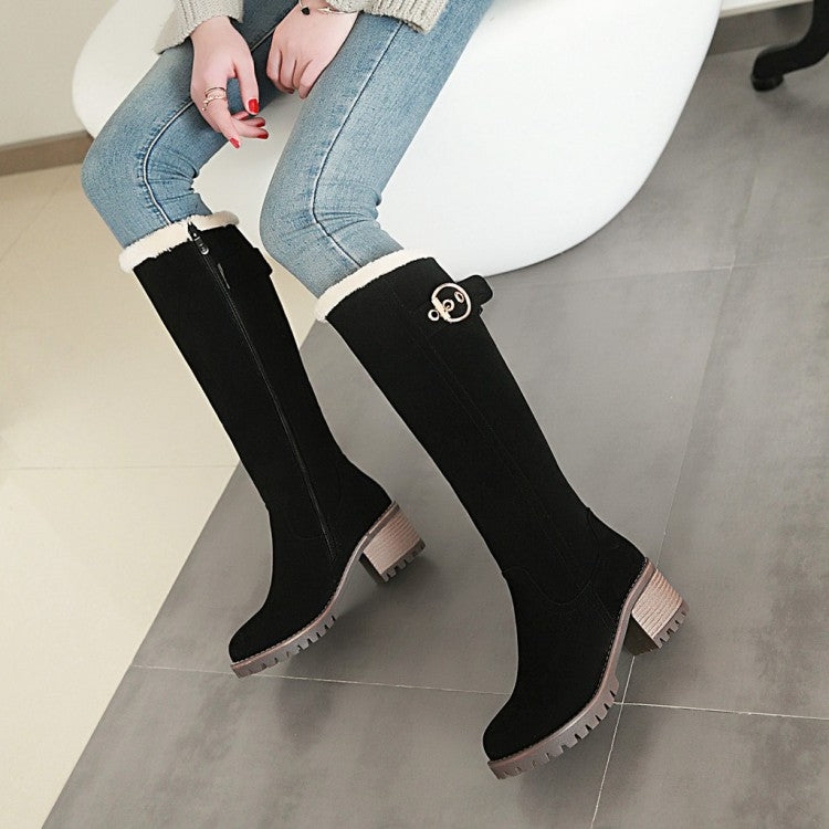 Ladies Suede Stitching Buckles Belts Fur Block Heel Platform Knee High Boots