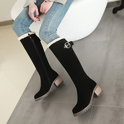 Ladies Suede Stitching Buckles Belts Fur Block Heel Platform Knee High Boots