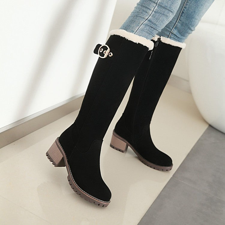 Ladies Suede Stitching Buckles Belts Fur Block Heel Platform Knee High Boots