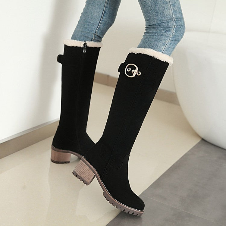 Ladies Suede Stitching Buckles Belts Fur Block Heel Platform Knee High Boots