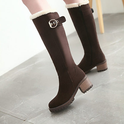 Ladies Suede Stitching Buckles Belts Fur Block Heel Platform Knee High Boots