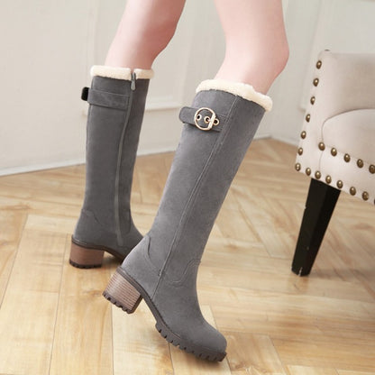 Ladies Suede Stitching Buckles Belts Fur Block Heel Platform Knee High Boots