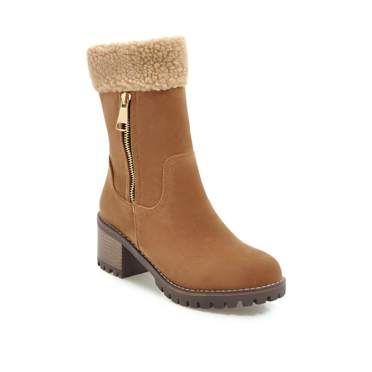 Ladies Suede Stitching Side Zippers Block Heel Short Boots