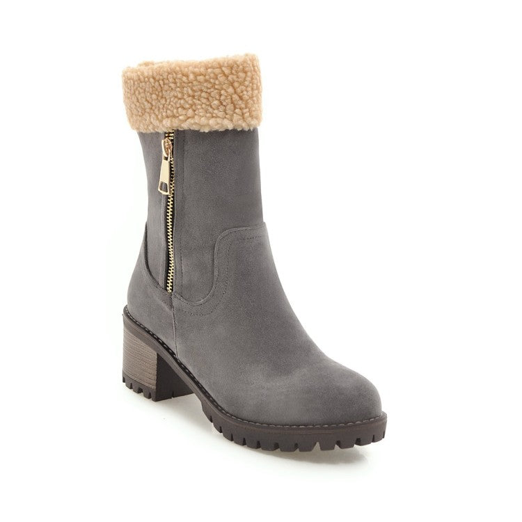 Ladies Suede Stitching Side Zippers Block Heel Short Boots