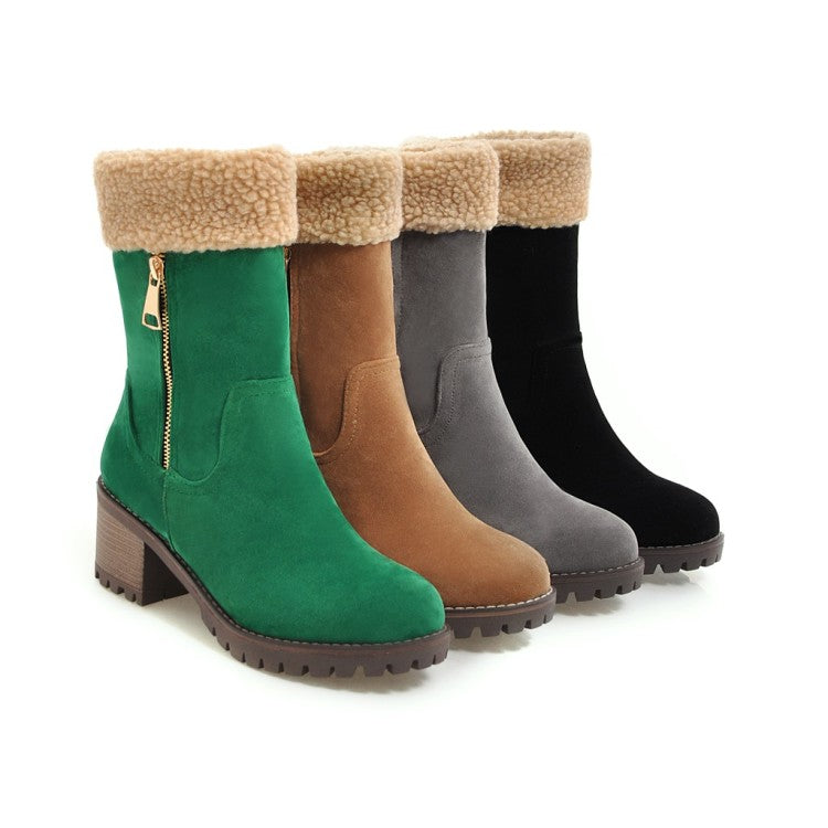 Ladies Suede Stitching Side Zippers Block Heel Short Boots