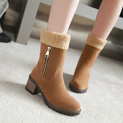 Ladies Suede Stitching Side Zippers Block Heel Short Boots