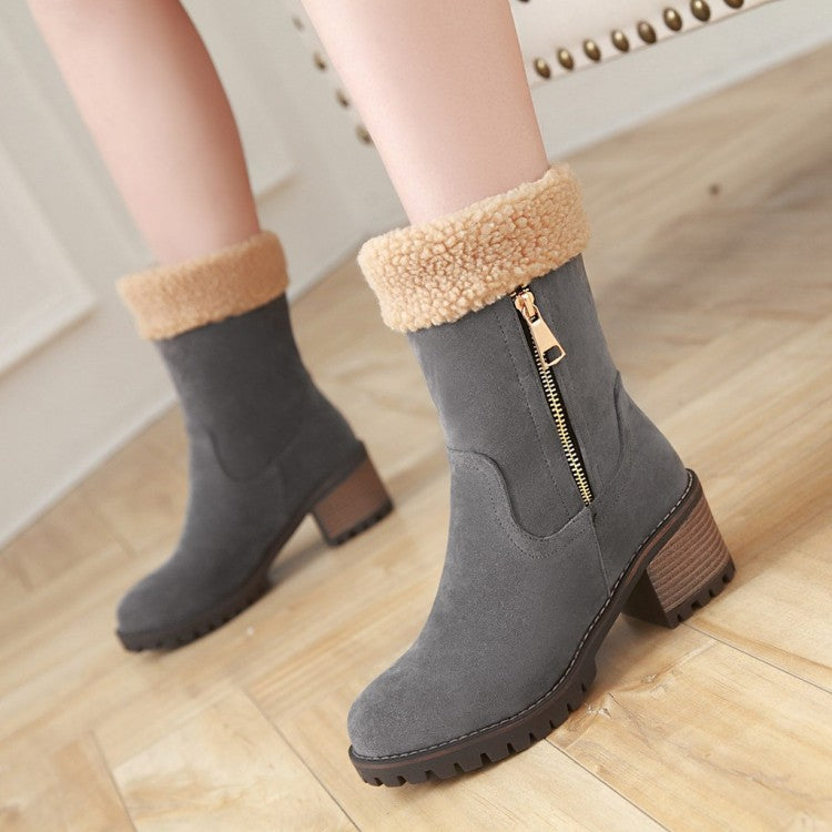 Ladies Suede Stitching Side Zippers Block Heel Short Boots