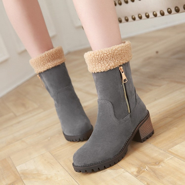 Ladies Suede Stitching Side Zippers Block Heel Short Boots