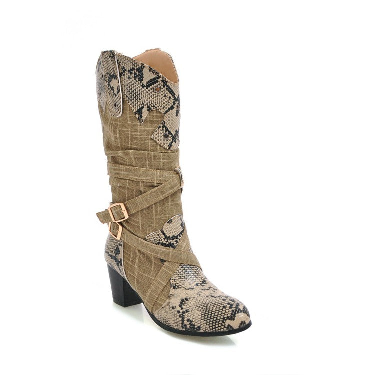 Ladies Snake Pattern Patchwork Belts Buckles Chunky Heel Mid Calf Boots