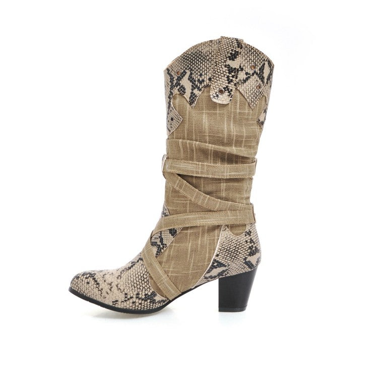 Ladies Snake Pattern Patchwork Belts Buckles Chunky Heel Mid Calf Boots