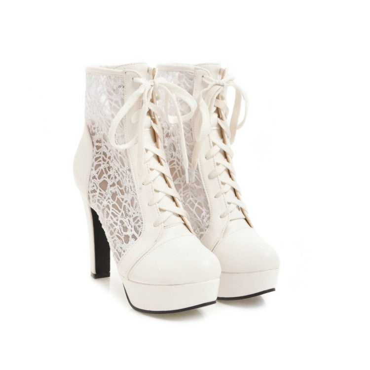 Almond Toe Lace Lace-Up Clear Block Chunky Heel Platform Short Boots for Women