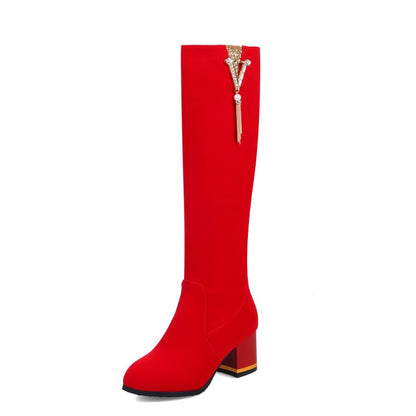 Flock Rhinestone Tassel Side Zippers Block Chunky Heel Knee High Boots for Women