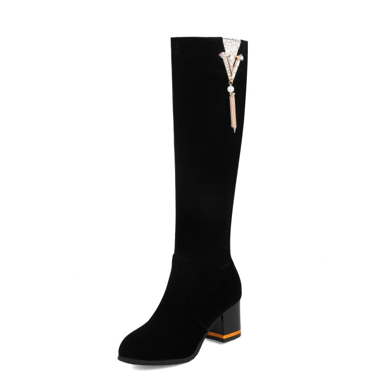 Flock Rhinestone Tassel Side Zippers Block Chunky Heel Knee High Boots for Women