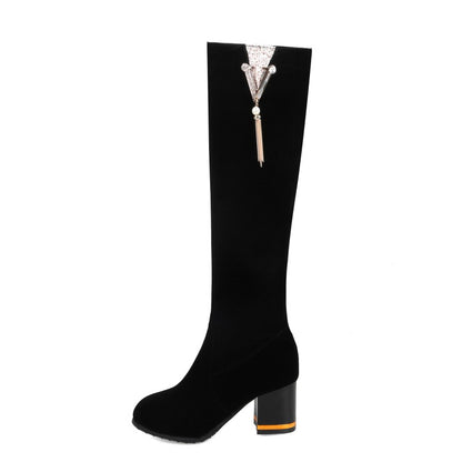 Flock Rhinestone Tassel Side Zippers Block Chunky Heel Knee High Boots for Women