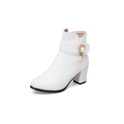 Pu Leather Round Toe Side Zippers Pearls Block Chunky Heel Short Boots for Women