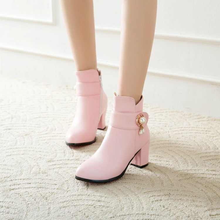 Pu Leather Round Toe Side Zippers Pearls Block Chunky Heel Short Boots for Women