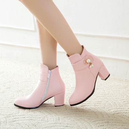 Pu Leather Round Toe Side Zippers Pearls Block Chunky Heel Short Boots for Women