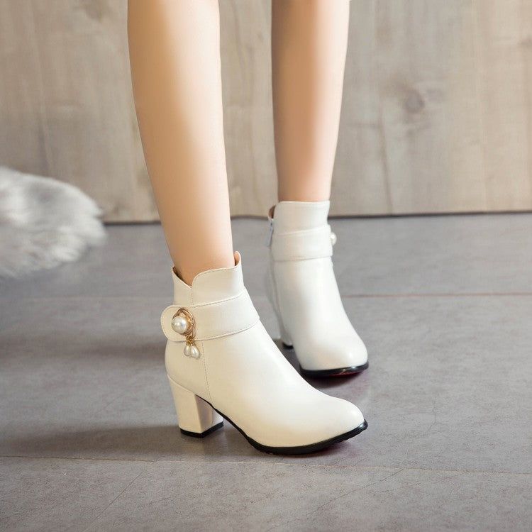 Pu Leather Round Toe Side Zippers Pearls Block Chunky Heel Short Boots for Women