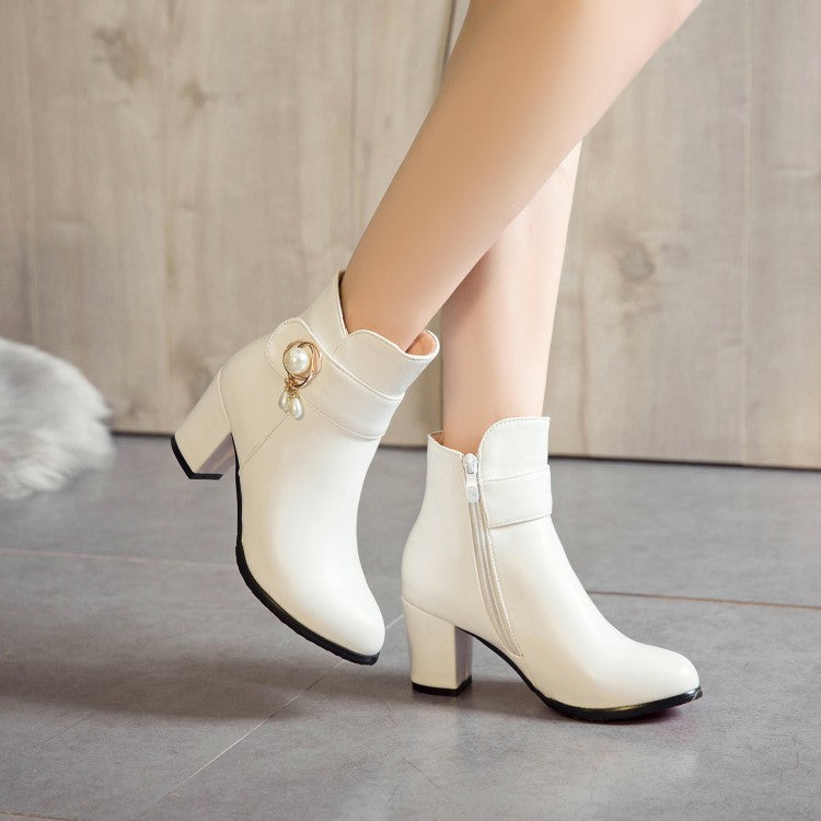 Pu Leather Round Toe Side Zippers Pearls Block Chunky Heel Short Boots for Women