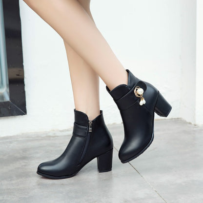 Pu Leather Round Toe Side Zippers Pearls Block Chunky Heel Short Boots for Women