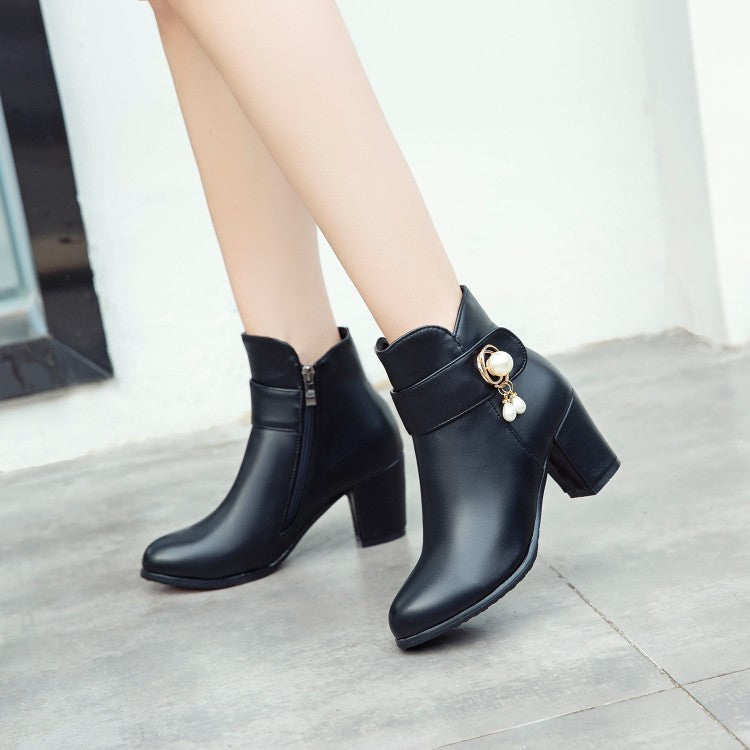 Pu Leather Round Toe Side Zippers Pearls Block Chunky Heel Short Boots for Women