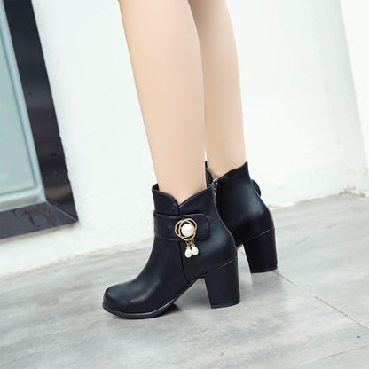 Pu Leather Round Toe Side Zippers Pearls Block Chunky Heel Short Boots for Women