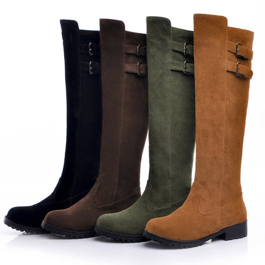 Ladies Buckle Suede Low Heel Knee High Boots