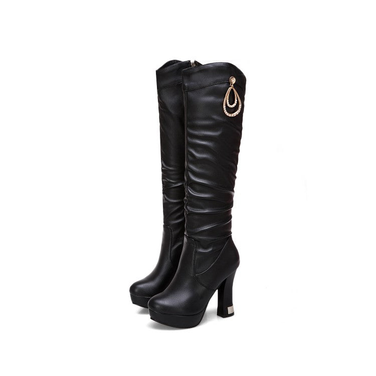 Side Zippers Rhinestone Spool Heel Platform Knee High Boots for Women