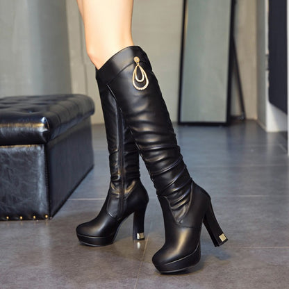 Side Zippers Rhinestone Spool Heel Platform Knee High Boots for Women