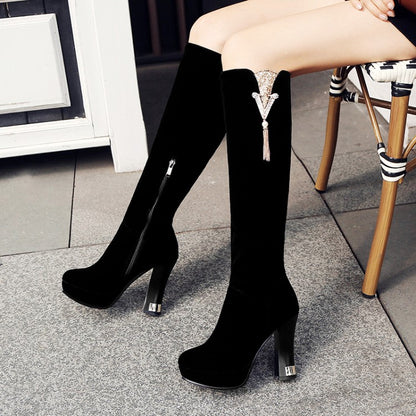 Flock Rhinestone Tassel Side Zippers Spool Heel Platform Knee High Boots for Women