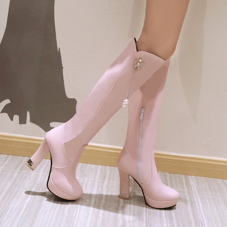 Side Zippers Rhinestone Flora Pearls Block Chunky Heel Platform Knee High Boots for Women