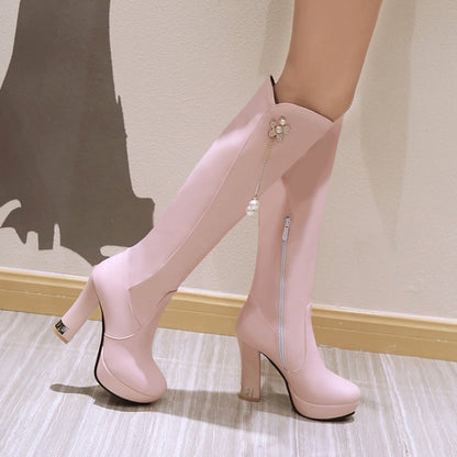 Side Zippers Rhinestone Flora Pearls Block Chunky Heel Platform Knee High Boots for Women