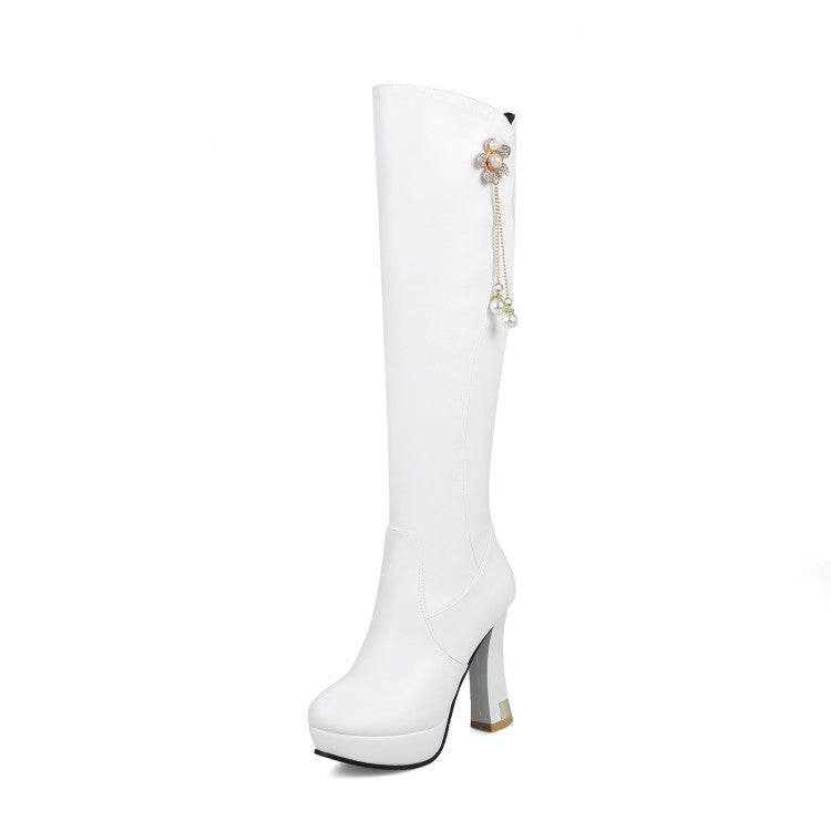 Side Zippers Rhinestone Flora Pearls Block Chunky Heel Platform Knee High Boots for Women