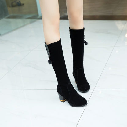 Flock Fur Ball Block Chunky Heel Knee High Boots for Women