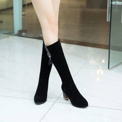 Flock Fur Ball Block Chunky Heel Knee High Boots for Women