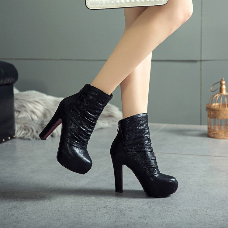 Glossy Round Toe Back Zippers Block Chunky Heel Platform Short Boots for Women