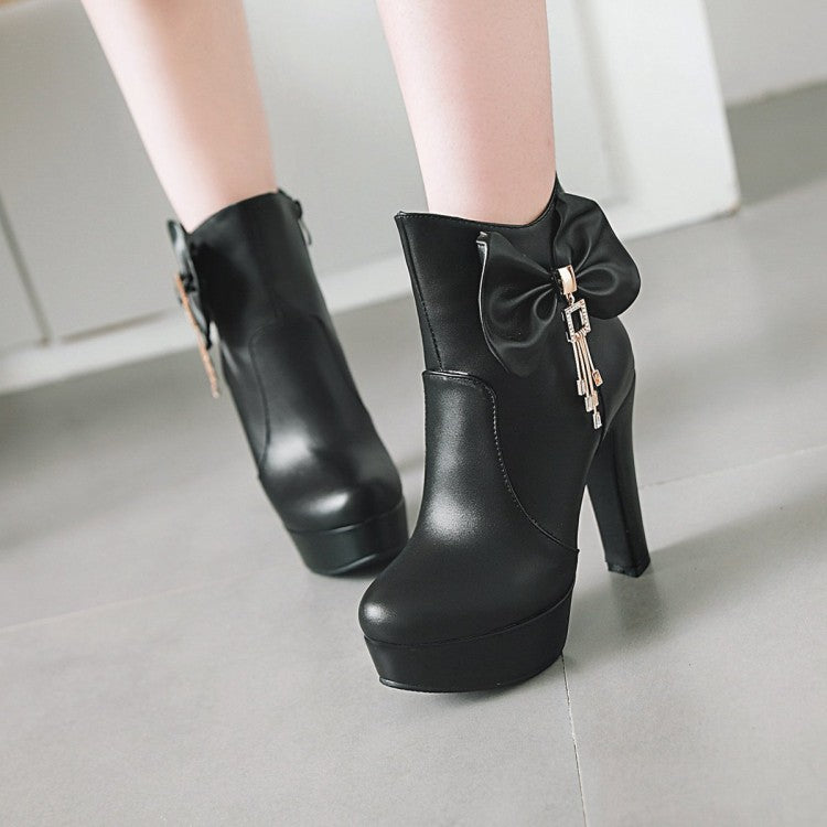 Pu Leather Almond Toe Bow Tie Tassel Block Chunky Heel Platform Short Boots for Women