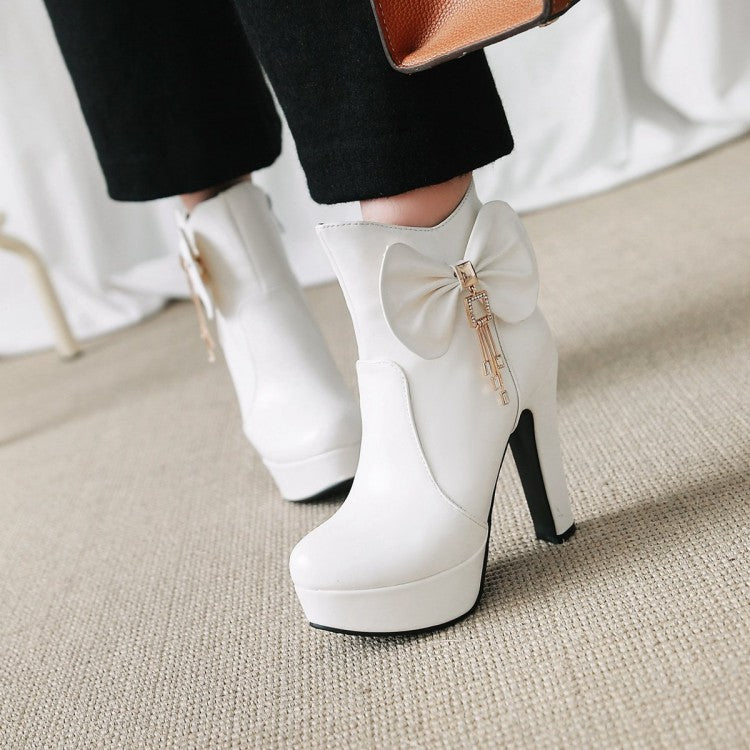 Pu Leather Almond Toe Bow Tie Tassel Block Chunky Heel Platform Short Boots for Women